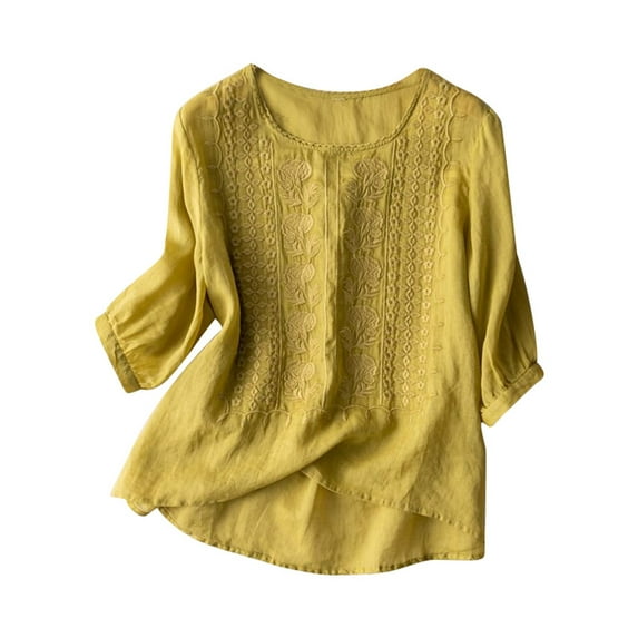 MIXUE Womens Summer Tops Solid Color Floral Embroidered Round Neck Long Sleeve Vintage Loose Shirts For Women Tee Shirts Daily-Wear,Yellow,XL