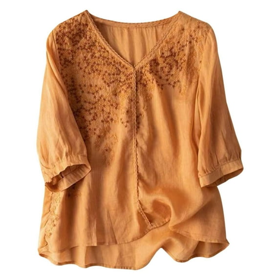 MIXUE Womens Summer Tops Solid Color Floral Embroidered V Neck Long Sleeve Vintage Bohemian Loose Casual Shirts For Women Tshirts Outwear,Orange,M