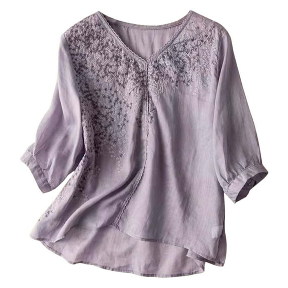 MIXUE Womens Summer Tops Solid Color Floral Embroidered V Neck Long Sleeve Vintage Bohemian Loose Casual Shirts For Women T-shirts Sportwear,Purple,XL