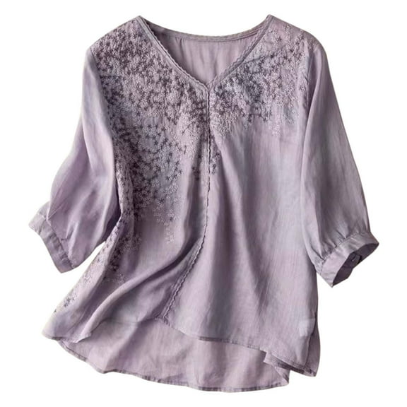 MIXUE Womens Summer Tops Solid Color Floral Embroidered V Neck Long Sleeve Vintage Bohemian Loose Casual Shirts For Women Tee Shirts Daily-Wear,Purple,L