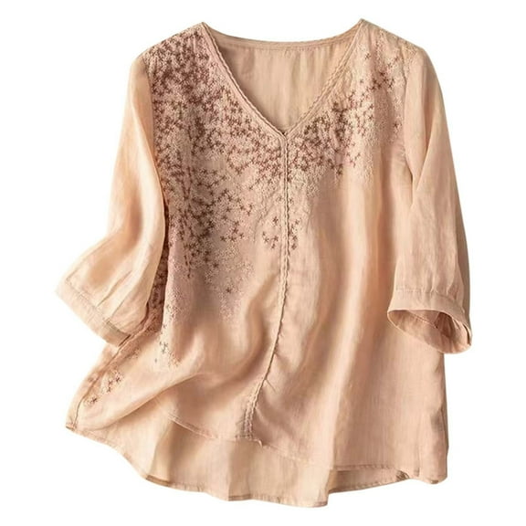 MIXUE Womens Summer Tops Solid Color Floral Embroidered V Neck Long Sleeve Vintage Bohemian Loose Casual Shirts For Women Tshirts Holiday Wear,Pink,XXL