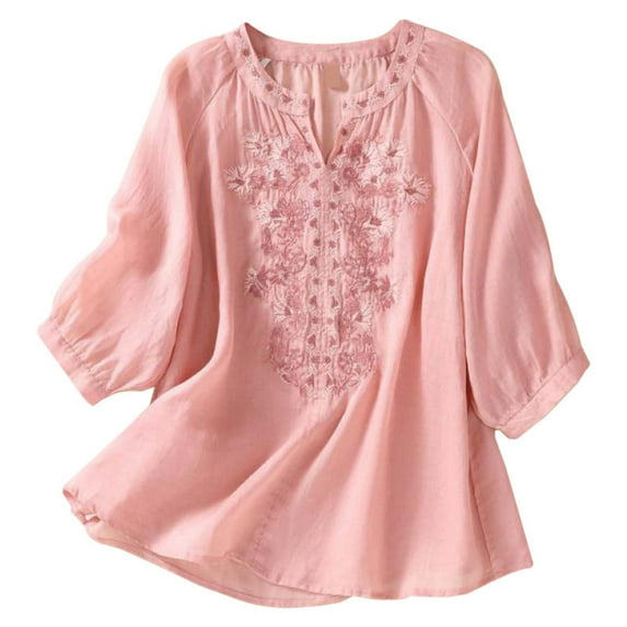 MIXUE Womens Summer Tops Solid Color Floral Embroidered V Neck Long Sleeve Vintage Bohemian Loose Fit Casual Shirts For Women Tshirts Holiday Wear,Red,XXL
