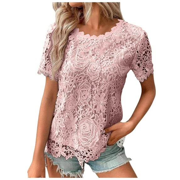 MIXUE Womens Summer Tops Solid Color Floral Lace Crew Neck Short Sleeve Fashion Casual Shirts For Women Tshirts Outwear,Pink,XXXL