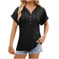 thumbnail image 1 of MIXUE Womens Summer Tops Solid Color Hooded Button Short Sleeve Loose Casual Shirts For Women T-shirts Streetwear,Black,M, 1 of 3
