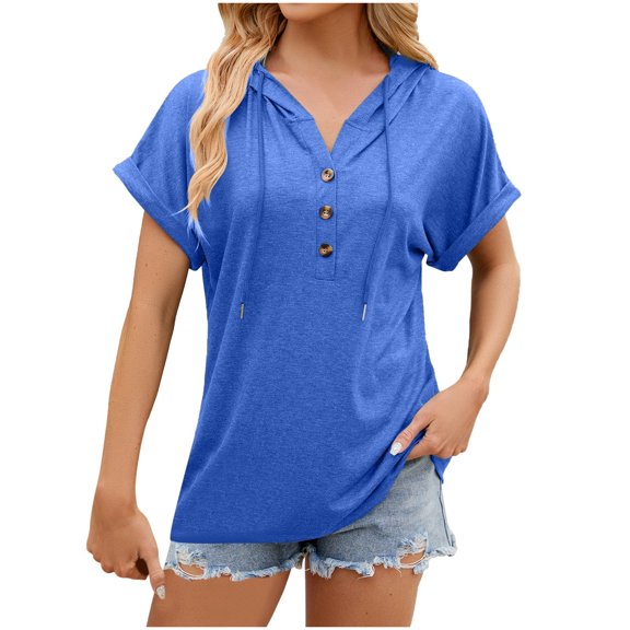 MIXUE Womens Summer Tops Solid Color Hooded Button Short Sleeve Loose Casual Shirts For Women T-shirts Streetwear,Blue,S