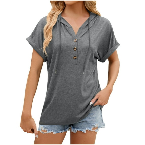 MIXUE Womens Summer Tops Solid Color Hooded Button Short Sleeve Loose Casual Shirts For Women Tee Shirts Daily-Wear,Gray,XL