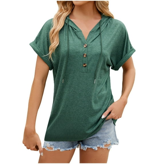 MIXUE Womens Summer Tops Solid Color Hooded Button Short Sleeve Loose Casual Shirts For Women Tee Shirts Daily-Wear,Green,S