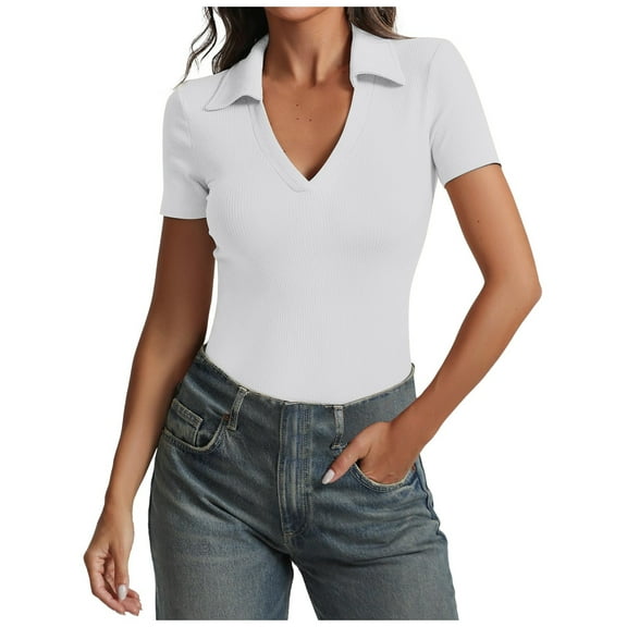 MIXUE Womens Summer Tops Solid Color Knit Ribbed V Neck Short Sleeve Slim Casual Basic Shirts For Women Tee Shirts Activewear,White,L