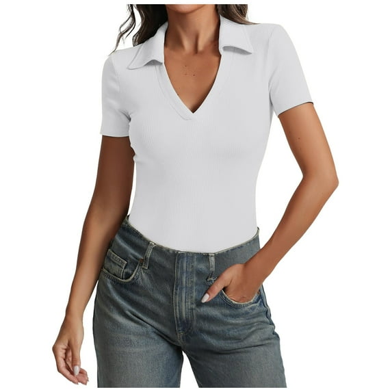 MIXUE Womens Summer Tops Solid Color Knit Ribbed V Neck Short Sleeve Slim Casual Basic Shirts For Women Tshirts Outwear,White,M