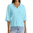 thumbnail image 1 of MIXUE Womens Summer Tops Solid Color Lapel V Neck Short Sleeve Loose Fit Casual Knitted T-shirts Sportwear,Blue,XL, 1 of 8
