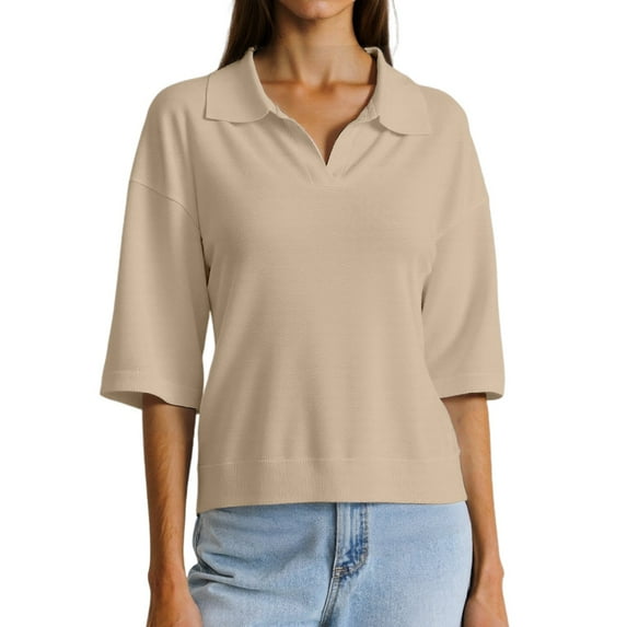MIXUE Womens Summer Tops Solid Color Lapel V Neck Short Sleeve Loose Fit Casual Knitted Tshirts Activewear,Beige,L