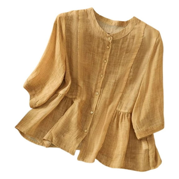 MIXUE Womens Summer Tops Solid Color Round Neck Botton Long Sleeve Retro Loose T Shirts Holiday Wear,Yellow,XL