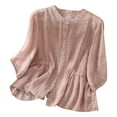 thumbnail image 1 of MIXUE Womens Summer Tops Solid Color Round Neck Botton Long Sleeve Retro Loose Tshirts Outwear,Pink,L, 1 of 9