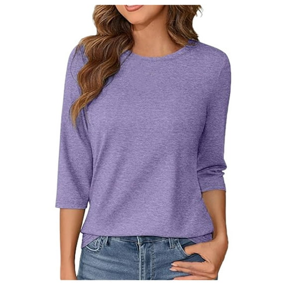 MIXUE Womens Summer Tops Solid Color Round Neck Long Sleeve Fashion Casual Shirts For Women T-shirts Sportwear,Purple,M