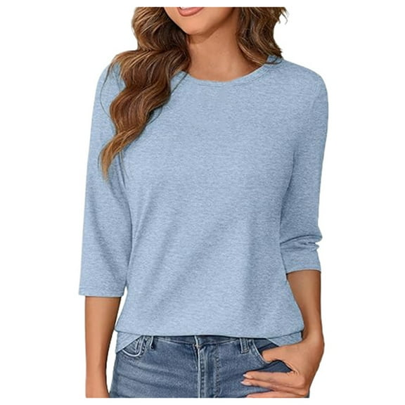 MIXUE Womens Summer Tops Solid Color Round Neck Long Sleeve Fashion Casual Shirts For Women Tee Shirts Daily-Wear,Blue,XL