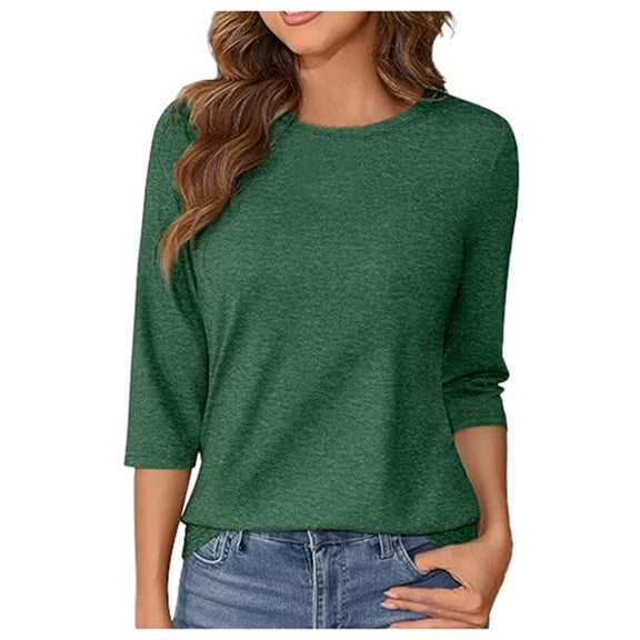 MIXUE Womens Summer Tops Solid Color Round Neck Long Sleeve Fashion Casual Shirts For Women Tee Shirts Daily-Wear,Green,XL