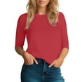 thumbnail image 1 of MIXUE Womens Summer Tops Solid Color Round Neck Long Sleeve Fashion Casual T Shirts Holiday Wear,Red,L, 1 of 3