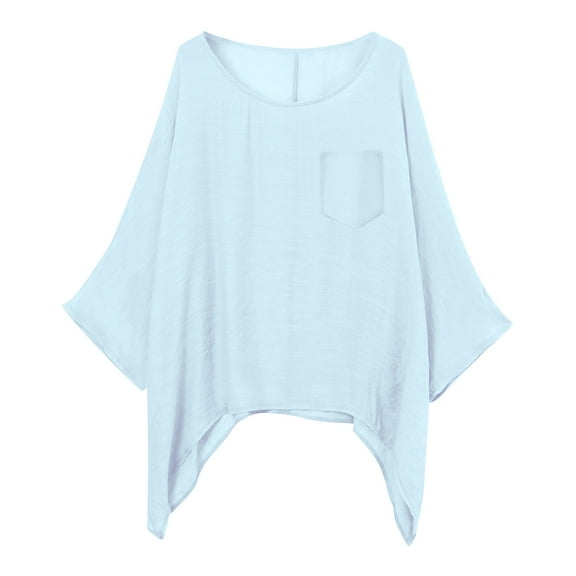 MIXUE Womens Summer Tops Solid Color Round Neck Long Sleeve Fashion Loose Casual Shirts For Women Tee Shirts Activewear,Blue,XL