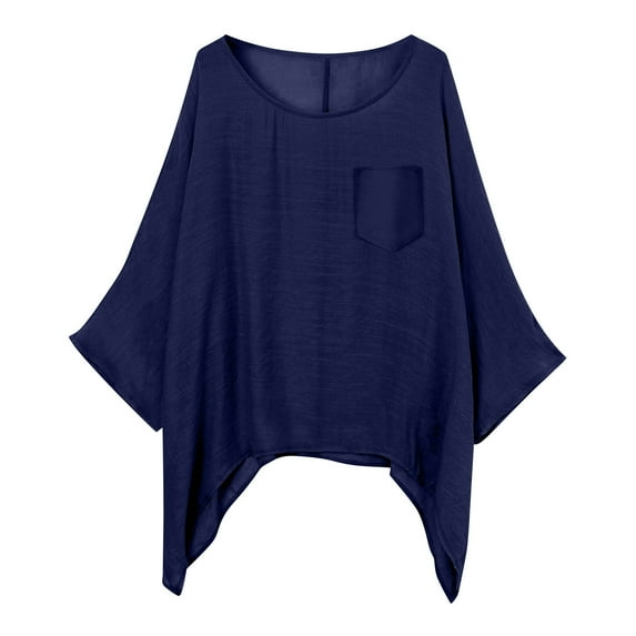 MIXUE Womens Summer Tops Solid Color Round Neck Long Sleeve Fashion Loose Casual Shirts For Women Tee Shirts Daily-Wear,Blue,XXXL