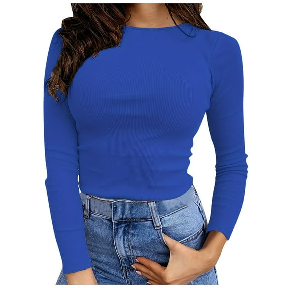 MIXUE Womens Summer Tops Solid Color Round Neck Long Sleeve Slim Fit Basic Shirts For Women T-shirts Sportwear,Blue,S