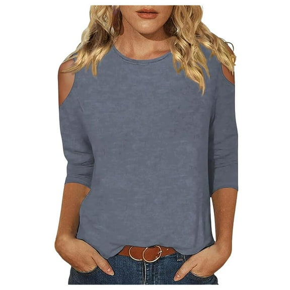 MIXUE Womens Summer Tops Solid Color Round Neck Off Shoulder Short Sleeve Fashion Casual Shirts For Women T-shirts Sportwear,Blue,M