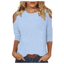 MIXUE Womens Summer Tops Solid Color Round Neck Off Shoulder Short Sleeve Fashion Casual Shirts For Women T-shirts Streetwear,Blue,S