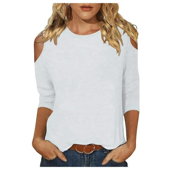 MIXUE Womens Summer Tops Solid Color Round Neck Off Shoulder Short Sleeve Fashion Casual Shirts For Women Tee Shirts Daily-Wear,White,S