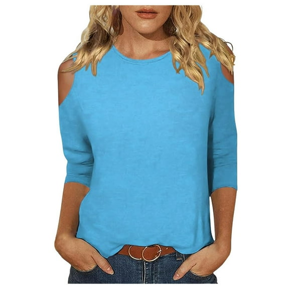 MIXUE Womens Summer Tops Solid Color Round Neck Off Shoulder Short Sleeve Fashion Casual Shirts For Women Tshirts Holiday Wear,Blue,XL