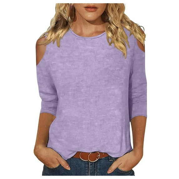 MIXUE Womens Summer Tops Solid Color Round Neck Off Shoulder Short Sleeve Fashion Casual Shirts For Women Tshirts Holiday Wear,Purple,M