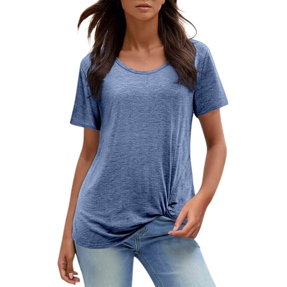 MIXUE Womens Summer Tops Solid Color Round Neck Short Sleeve Casual Pullover T Shirts Holiday Wear,Blue,XXL