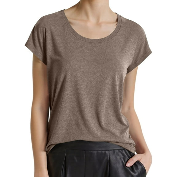 MIXUE Womens Summer Tops Solid Color Round Neck Short Sleeve Loose Casual Shirts For Women Tee Shirts Activewear,Brown,S