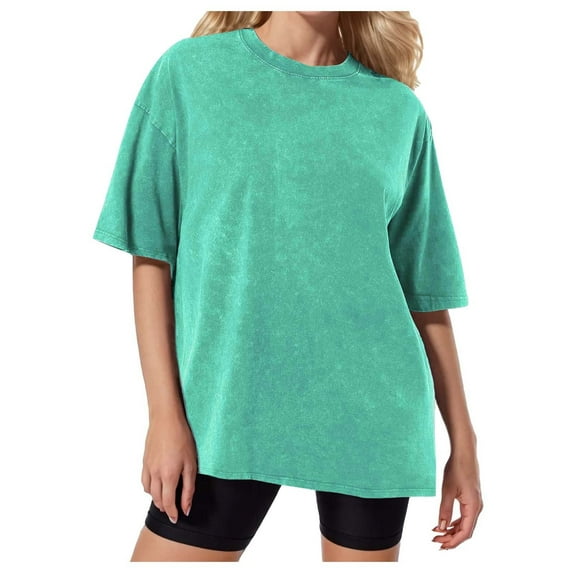 MIXUE Womens Summer Tops Solid Color Round Neck Short Sleeve Vintage Loose Shirts For Women Tee Shirts Activewear,Green,M