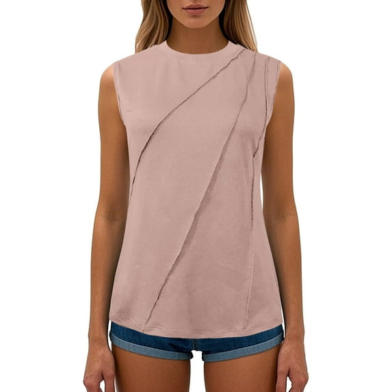 MIXUE Womens Summer Tops Solid Color Round Neck Sleeveless Vest Loose T Shirts Daily-Wear,Pink,M