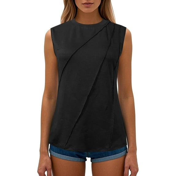 MIXUE Womens Summer Tops Solid Color Round Neck Sleeveless Vest Loose T Shirts Holiday Wear,Black,XXL
