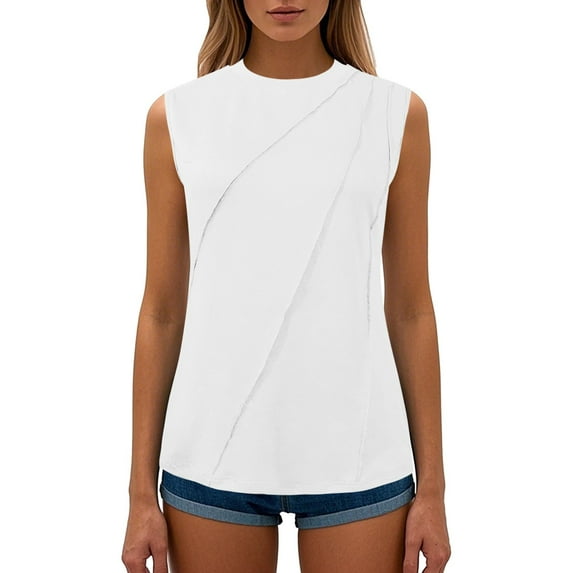 MIXUE Womens Summer Tops Solid Color Round Neck Sleeveless Vest Loose Tshirts Outwear,White,S