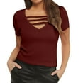 thumbnail image 1 of MIXUE Womens Summer Tops Solid Color Sexy Deep V Neck Hollow Out Short Sleeve Casual T-shirts Daily-Wear,Red,L, 1 of 5