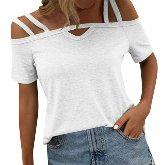 MIXUE Womens Summer Tops Solid Color Spaghetti Strap Off Shoulder Short Sleeve Tshirts Outwear,White,XL