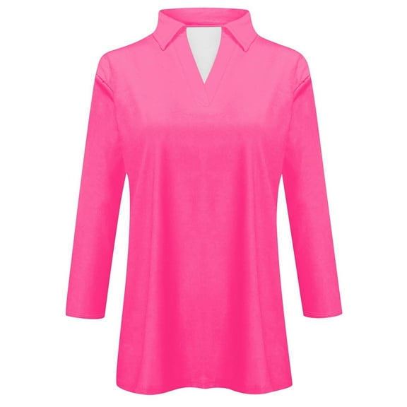 MIXUE Womens Summer Tops Solid Color Stand Collar V Neck Long Sleeve Fashion Casual Shirts For Women T-shirts Streetwear,Pink,XXL