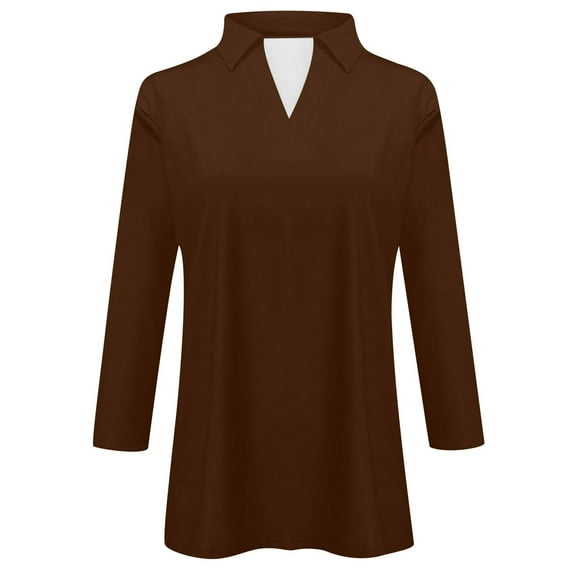 MIXUE Womens Summer Tops Solid Color Stand Collar V Neck Long Sleeve Fashion Casual Shirts For Women Tee Shirts Daily-Wear,Brown,L