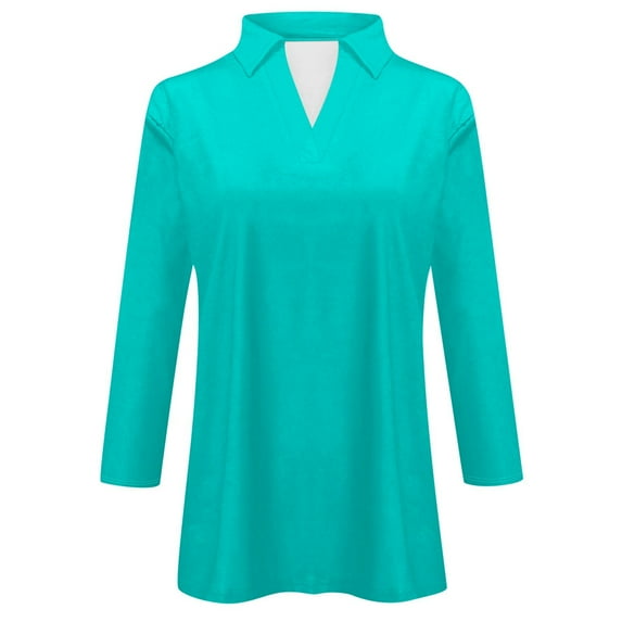 MIXUE Womens Summer Tops Solid Color Stand Collar V Neck Long Sleeve Fashion Casual Shirts For Women Tee Shirts Daily-Wear,Green,L