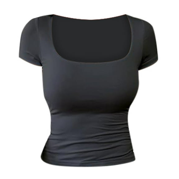 MIXUE Womens Summer Tops Solid Color U Neck Short Sleeve Slim Fashion Casual Shirts For Women T-shirts Sportwear,Gray,S