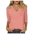 thumbnail image 1 of MIXUE Womens Summer Tops Solid Color V Neck 3/4 Sleeve Casual Fashion Shirts For Women Tshirts Holiday Wear,Pink,XXXL, 1 of 3