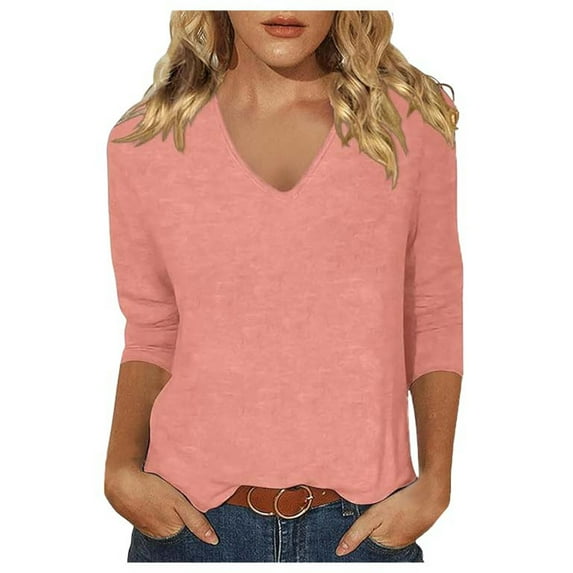MIXUE Womens Summer Tops Solid Color V Neck 3/4 Sleeve Casual Fashion Shirts For Women Tshirts Holiday Wear,Pink,XXXL