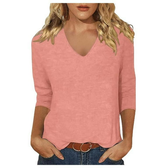 MIXUE Womens Summer Tops Solid Color V Neck 3/4 Sleeve Casual Fashion Shirts For Women Tshirts Holiday Wear,Pink,XXXL