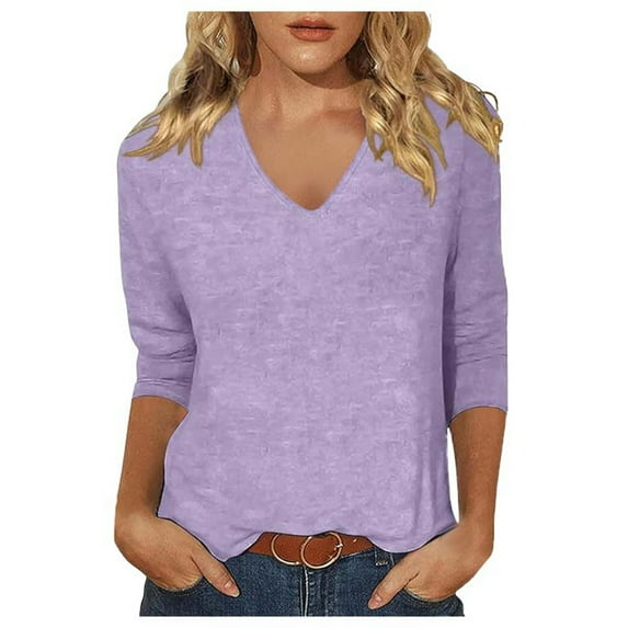 MIXUE Womens Summer Tops Solid Color V Neck 3/4 Sleeve Casual Fashion Shirts For Women Tshirts Outwear,Purple,XL