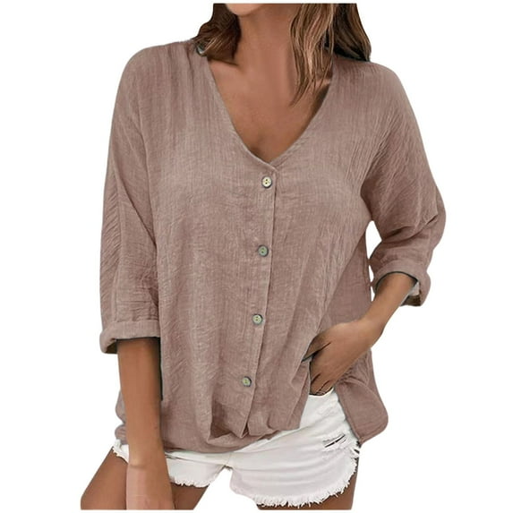 MIXUE Womens Summer Tops Solid Color V Neck Button Down Long Sleeve Casual Fashion Cardigan Shirts For Women T-shirts Streetwear,Brown,XL