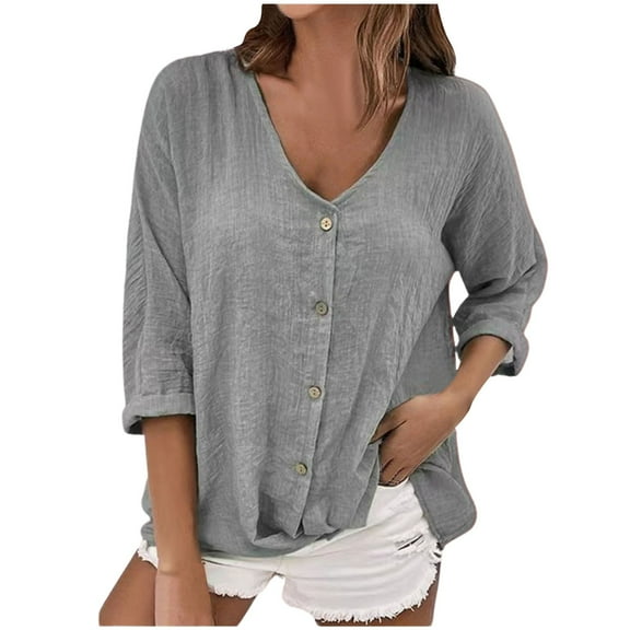 MIXUE Womens Summer Tops Solid Color V Neck Button Down Long Sleeve Casual Fashion Cardigan Shirts For Women T-shirts Streetwear,Gray,XL