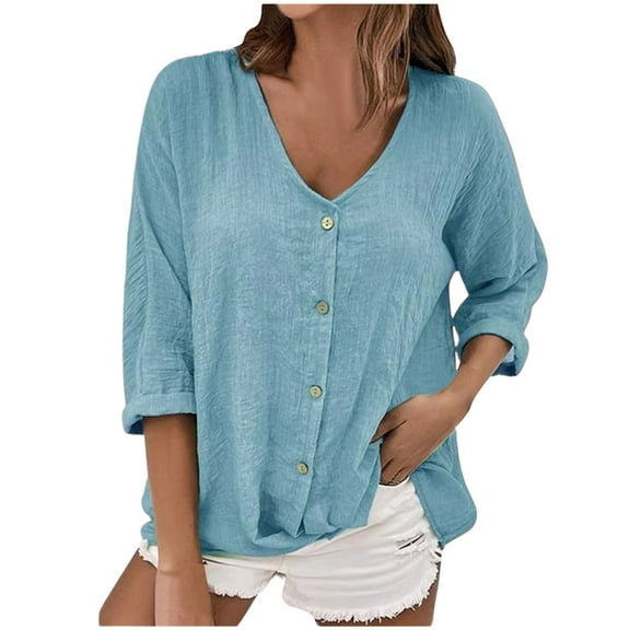 MIXUE Womens Summer Tops Solid Color V Neck Button Down Long Sleeve Casual Fashion Cardigan Shirts For Women Tshirts Holiday Wear,Blue,L