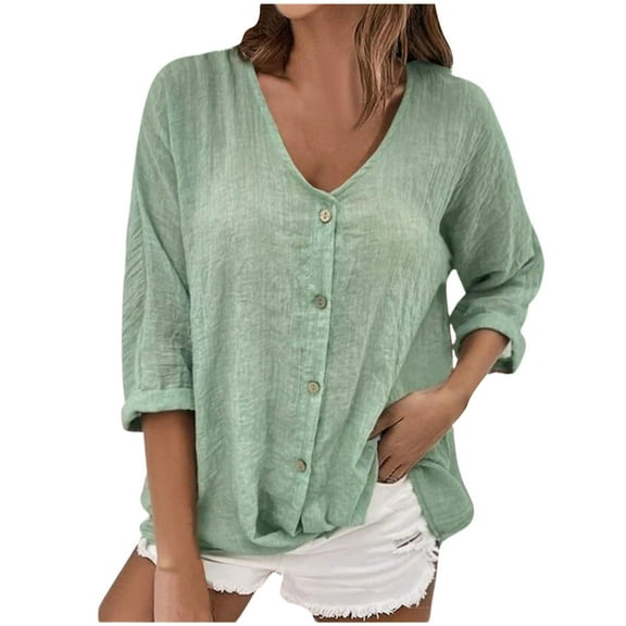MIXUE Womens Summer Tops Solid Color V Neck Button Down Long Sleeve Casual Fashion Cardigan Shirts For Women Tshirts Holiday Wear,Green,L
