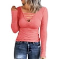 thumbnail image 1 of MIXUE Womens Summer Tops Solid Color V Neck Hollow Out Long Sleeve Fashion Casual Shirts For Women T-shirts Streetwear,Pink,XXL, 1 of 6